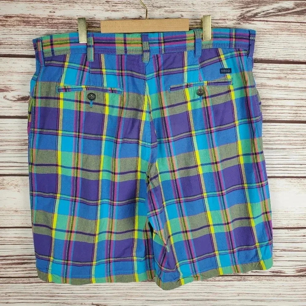 IZOD Mens Size 36x10 Blue/Green/Yellow/Purple Vibrant Plaid Cotton Golf Shorts - Picture 6 of 11
